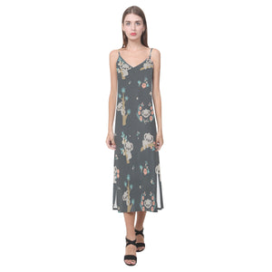 Cute koala pattern V-Neck Open Fork Long Dress