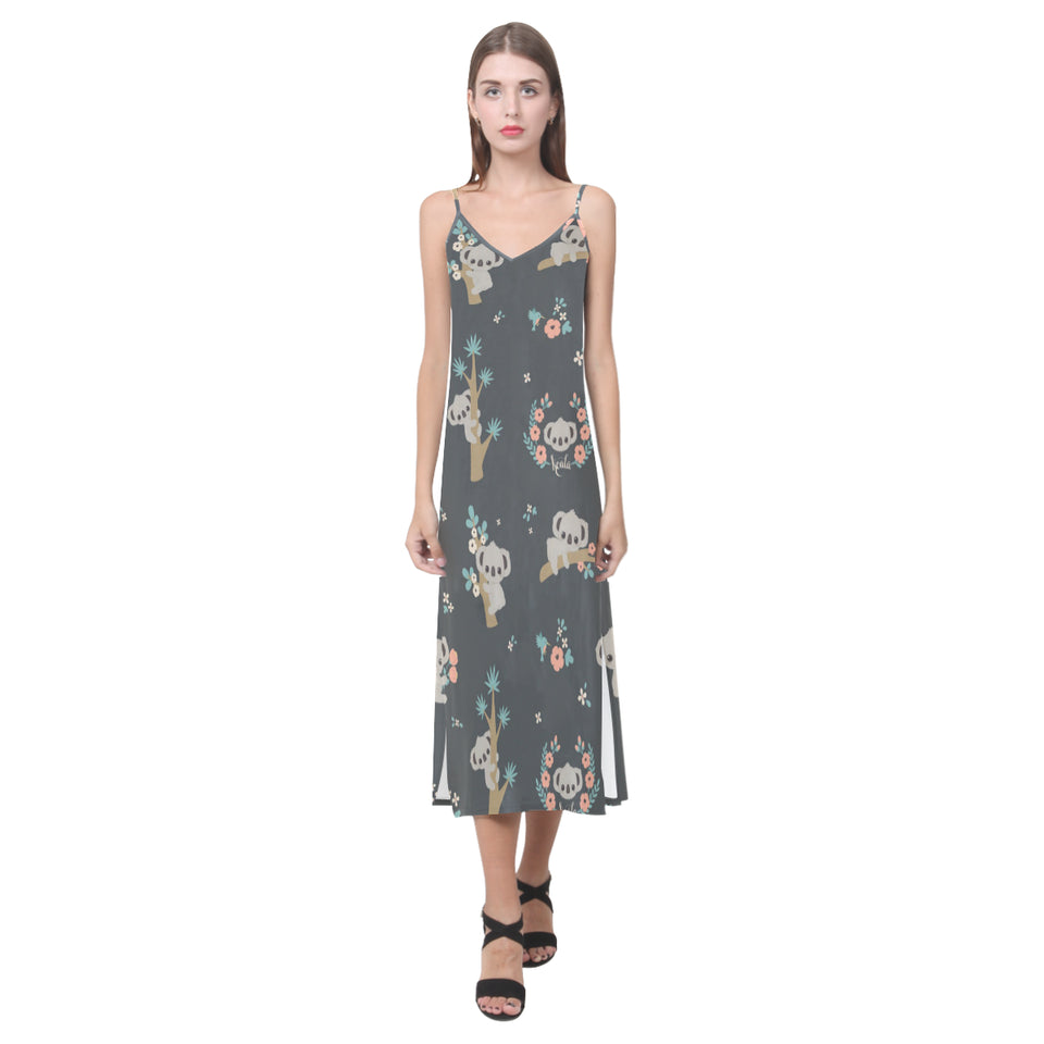 Cute koala pattern V-Neck Open Fork Long Dress