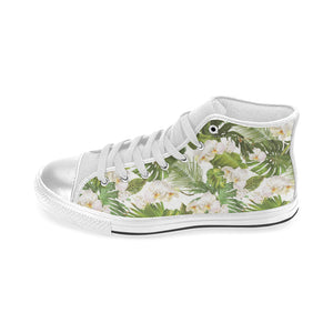 White orchid flower tropical leaves pattern Women's High Top Canvas Shoes White