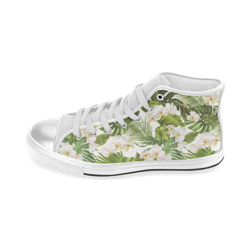 White orchid flower tropical leaves pattern Women's High Top Canvas Shoes White