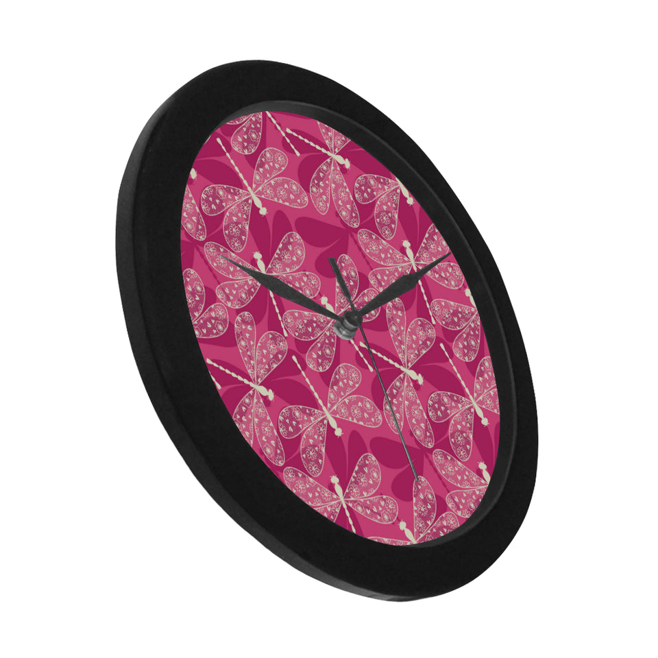 Beautiful dragonfly pink background Elegant Black Wall Clock
