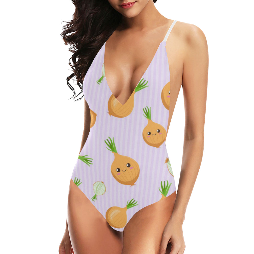 cute onions smiling faces purple background Women's One-Piece Swimsuit