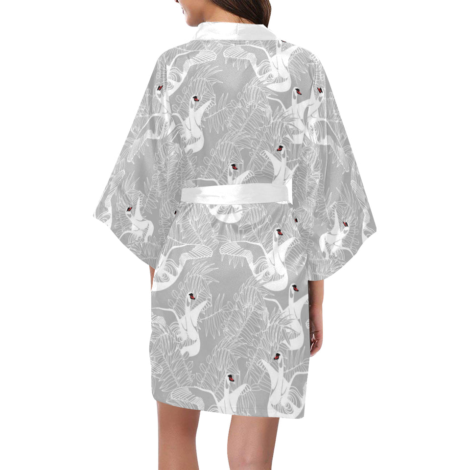 white swan gray background Women's Short Kimono Robe