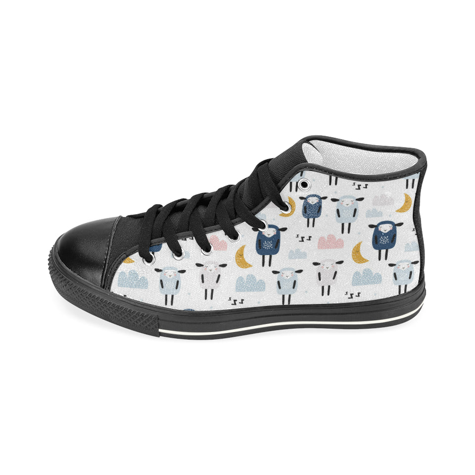 Cute sleeping sheep moon cloud pattern Women's High Top Canvas Shoes Black