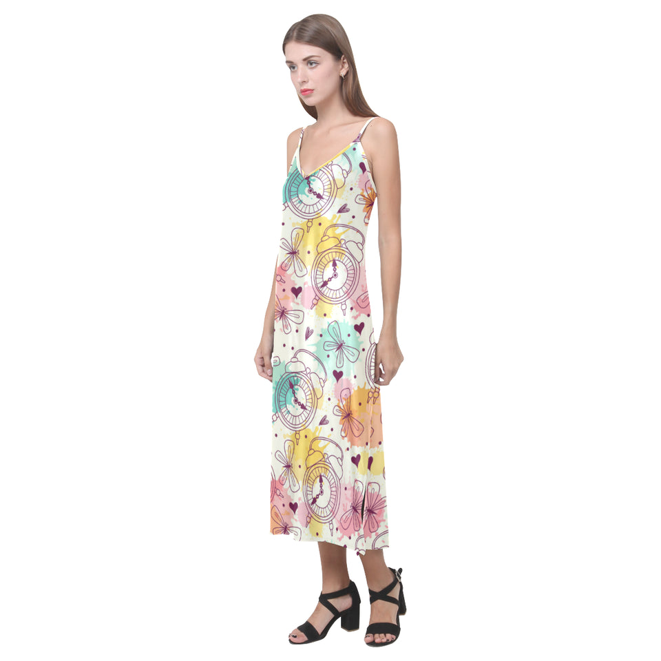 Clock butterfly pattern V-Neck Open Fork Long Dress