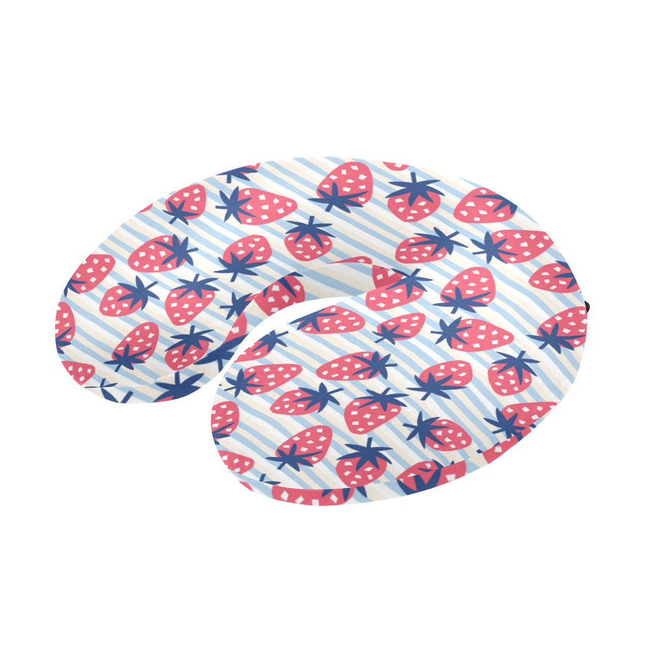 Strawberry pattern blue lines background U-Shaped Travel Neck Pillow