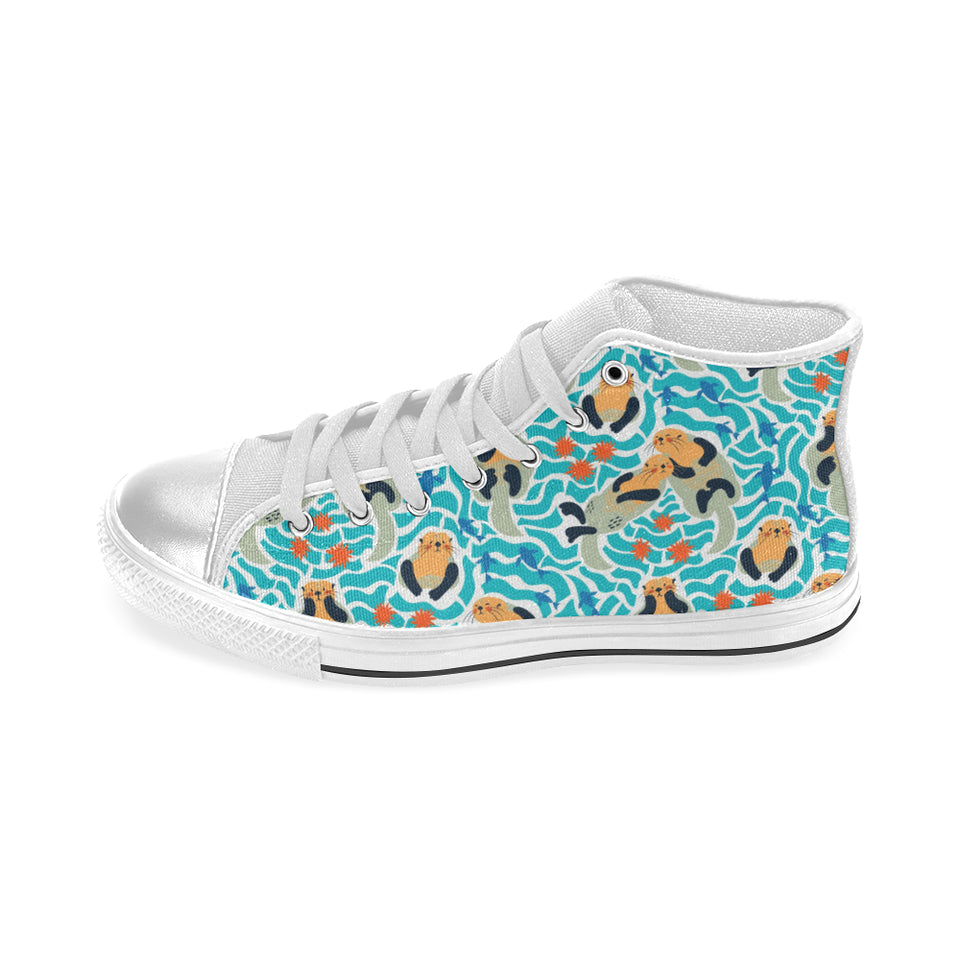 Cute sea otters fishe sea urchin pattern Women's High Top Canvas Shoes White