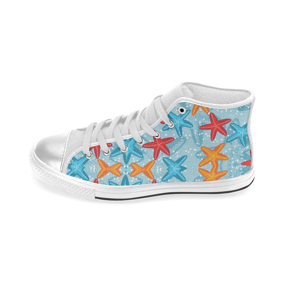 Blue red orange starfish pattern Women's High Top Canvas Shoes White