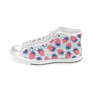 Strawberry pattern blue lines background Men's High Top Canvas Shoes White