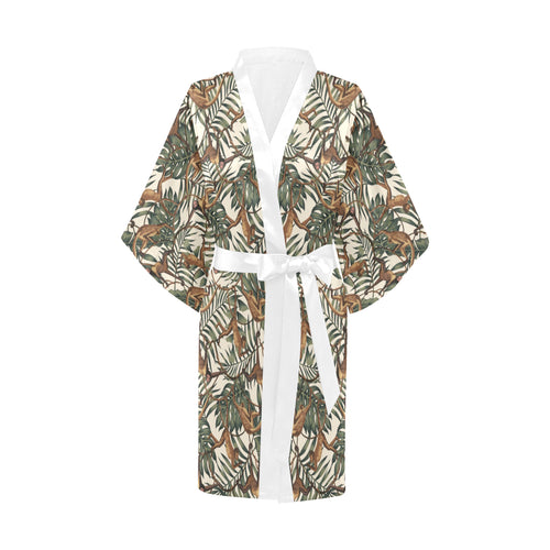 Monkey tropical leaves background Women's Short Kimono Robe