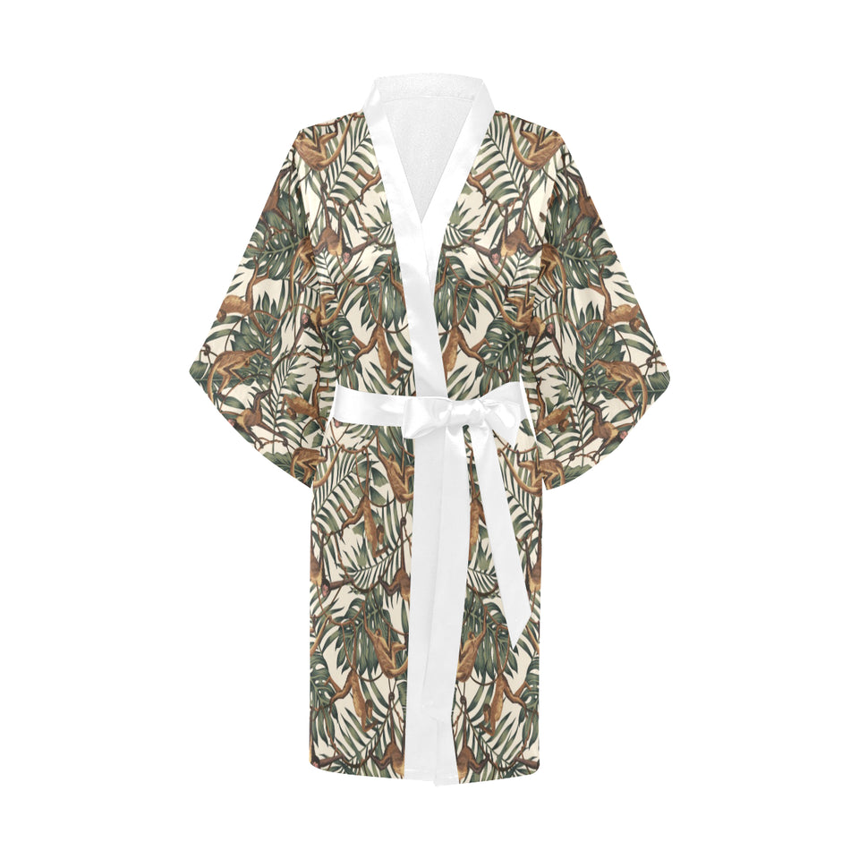 Monkey tropical leaves background Women's Short Kimono Robe