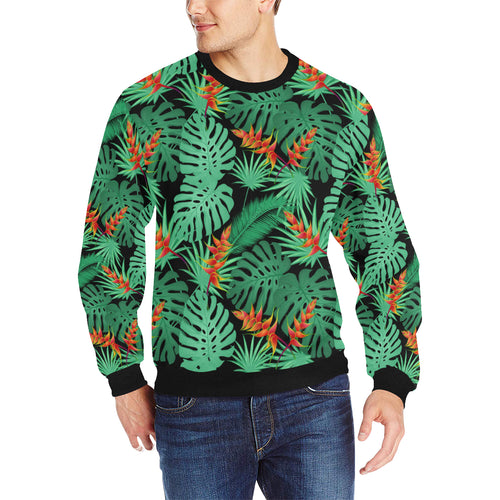 heliconia flower palm monstera leaves black backgr Men's Crew Neck Sweatshirt