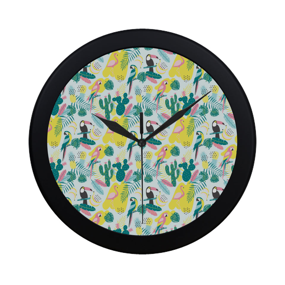 Cute parrot toucan flamingo cactus exotic leaves p Elegant Black Wall Clock