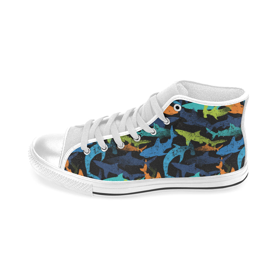 Colorful shark Men's High Top Canvas Shoes White