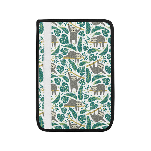 Cute sloths tropical palm leaves white background Car Seat Belt Cover