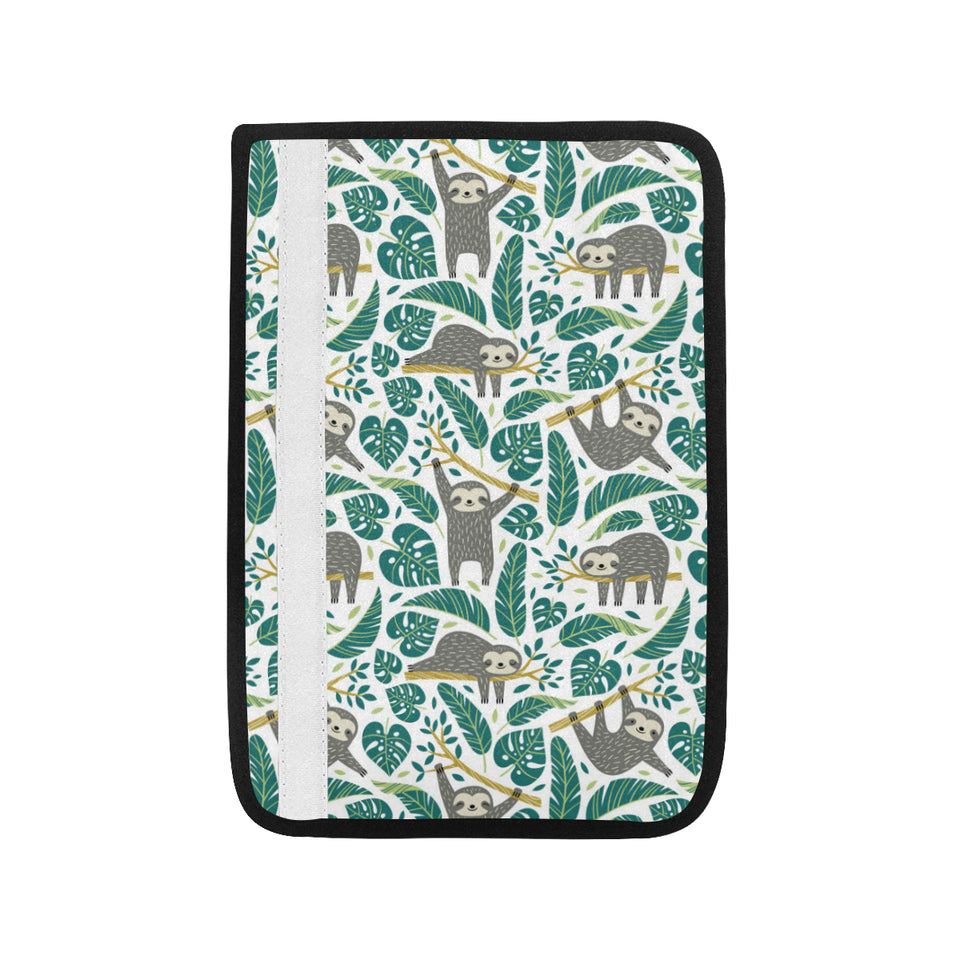 Cute sloths tropical palm leaves white background Car Seat Belt Cover