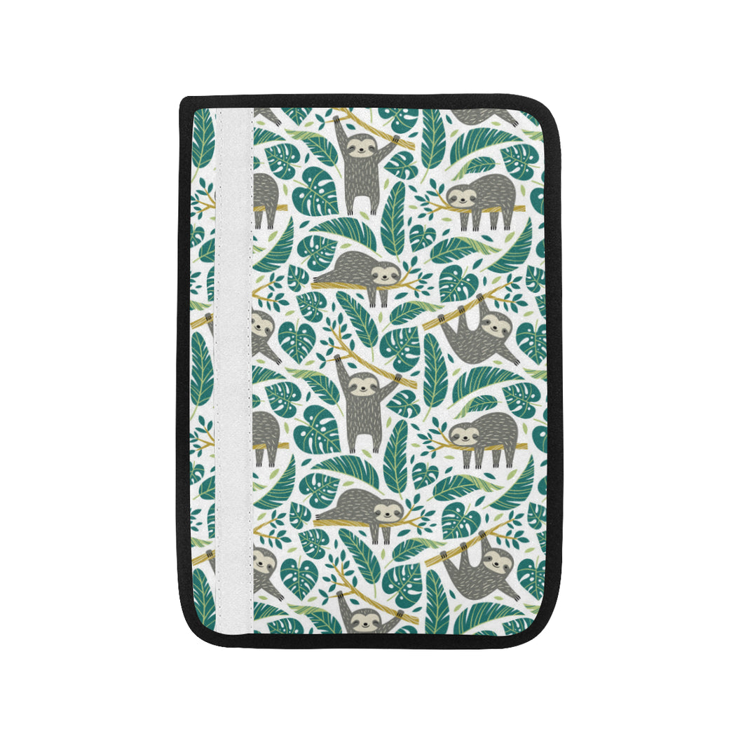 Cute sloths tropical palm leaves white background Car Seat Belt Cover