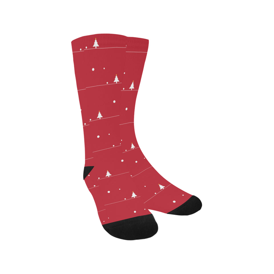 Christmas tree star snow red background Crew Socks