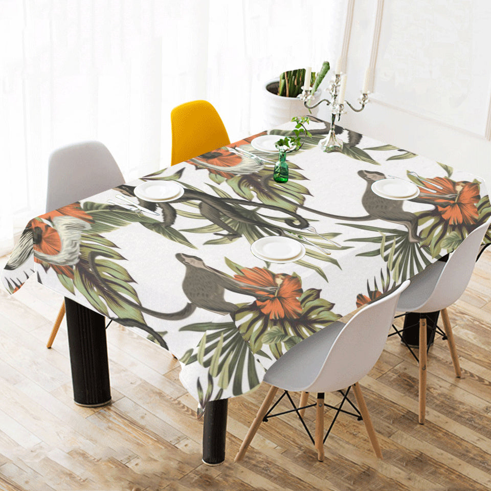 Monkey red hibiscus flower palm leaves floral patt Tablecloth