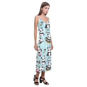 Cute baby panda pattern V-Neck Open Fork Long Dress