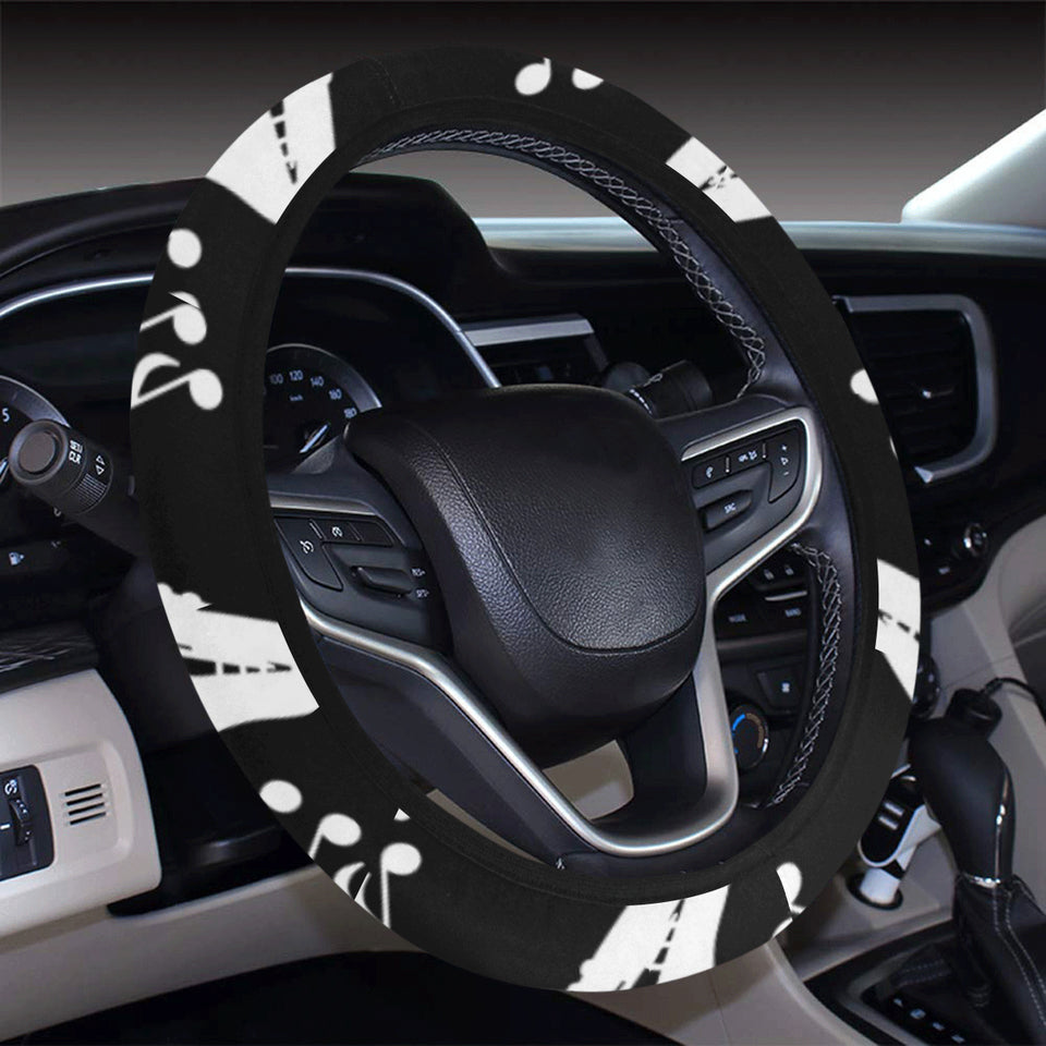 Saxophone music notes treble clef black white them Car Steering Wheel Cover