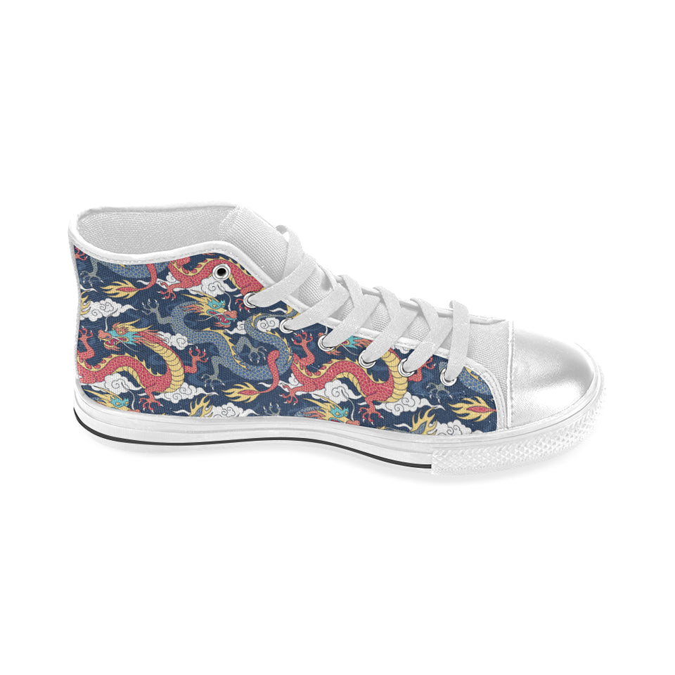 Blue red dragon cloud pattern Women's High Top Canvas Canvas Shoes White