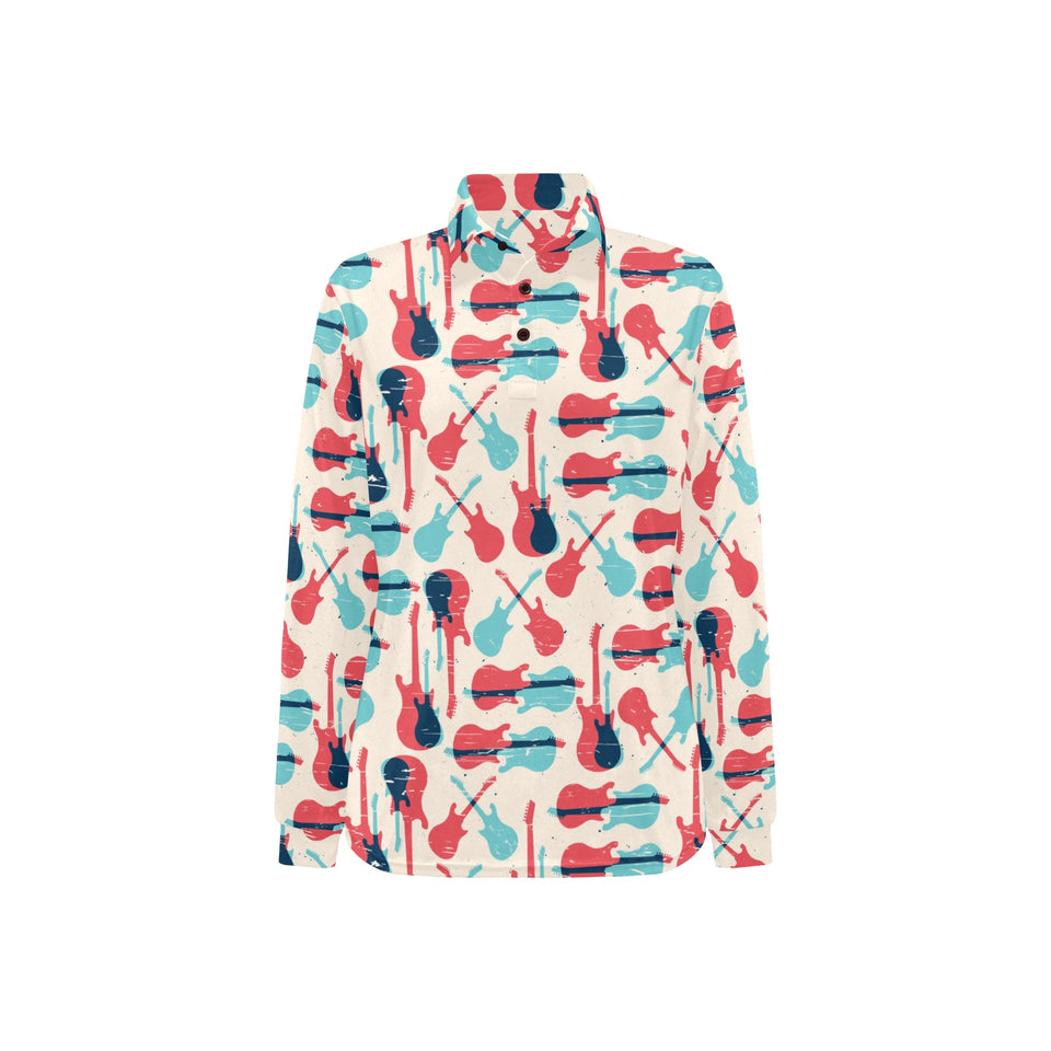Red Blue guitar pattern Women's Long Sleeve Polo Shirt