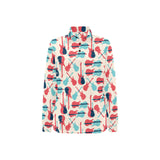Red Blue guitar pattern Women's Long Sleeve Polo Shirt