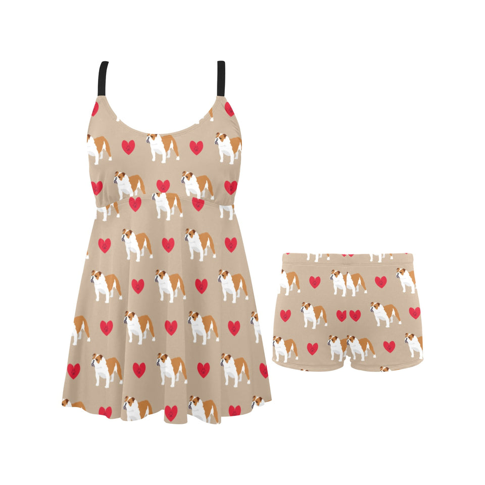 English Bulldog Pattern Print Design 05 Chest Sexy Pleated Two Piece Swim Dress