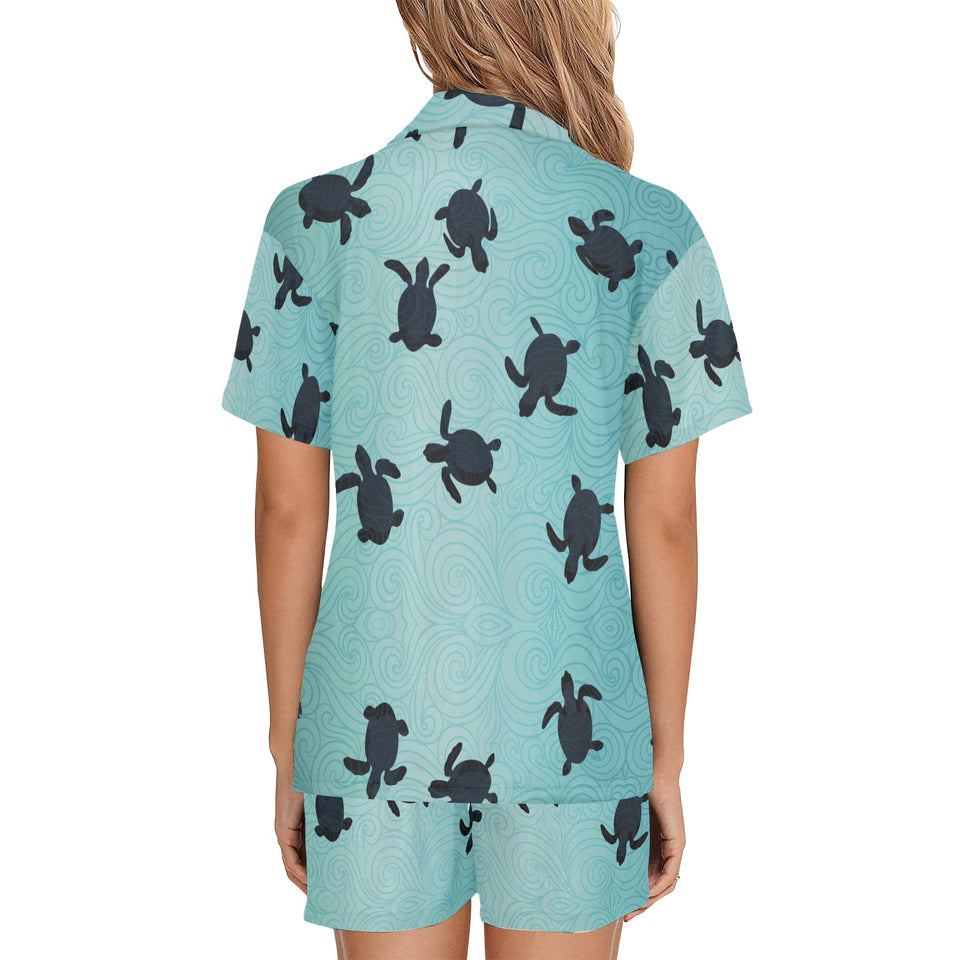 Sea turtle with blue ocean backgroud Women's V-Neck Short Pajama Set