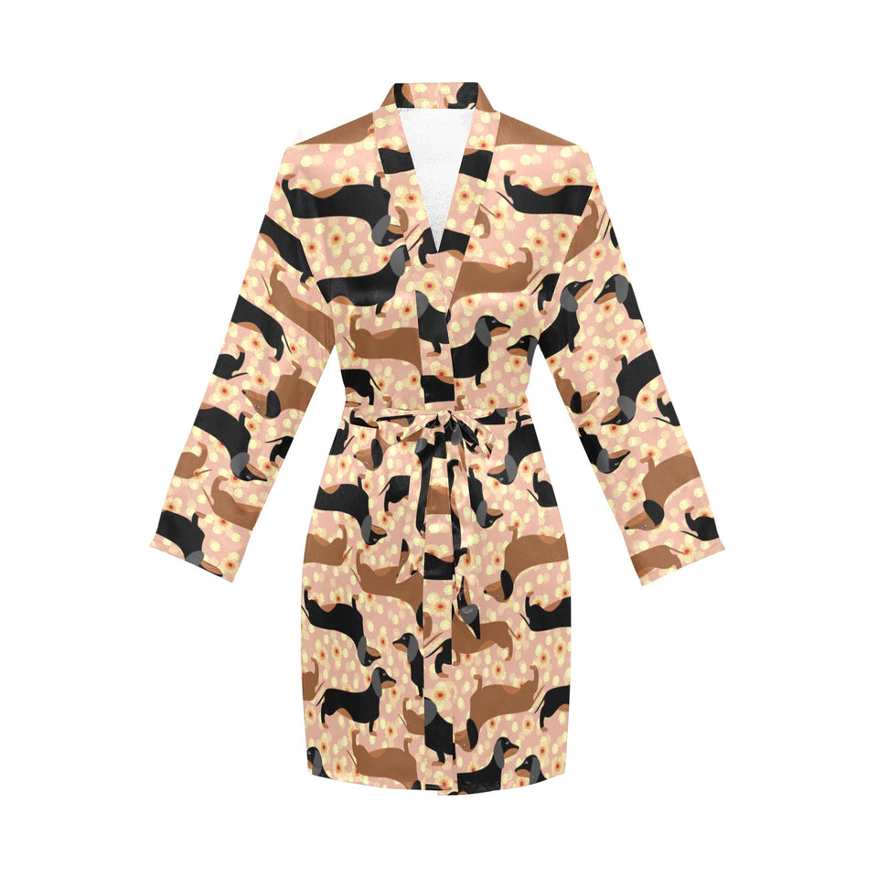 Dachshund floral background Women's Long Sleeve Belted Night Robe