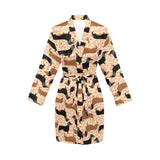Dachshund floral background Women's Long Sleeve Belted Night Robe