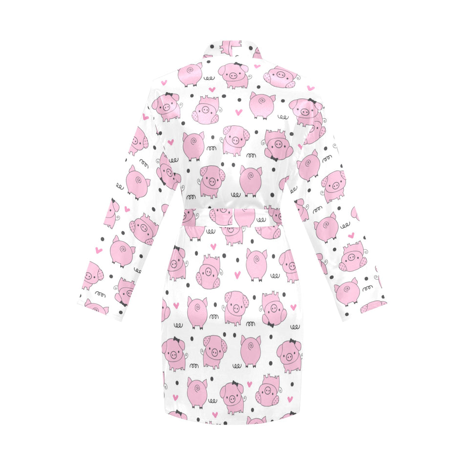 Pig Pattern Print Design 03 Women's Long Sleeve Belted Night Robe