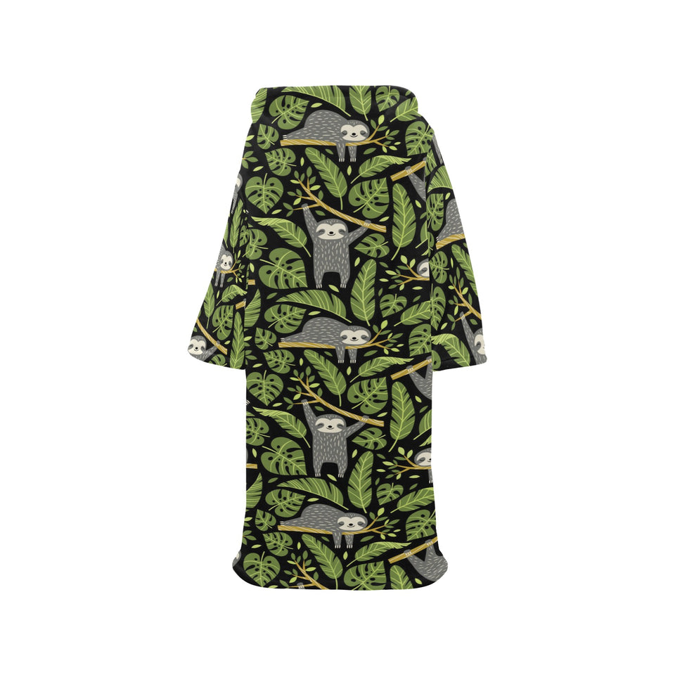 Cute sloths tropical palm leaves black background Blanket Robe with Sleeves