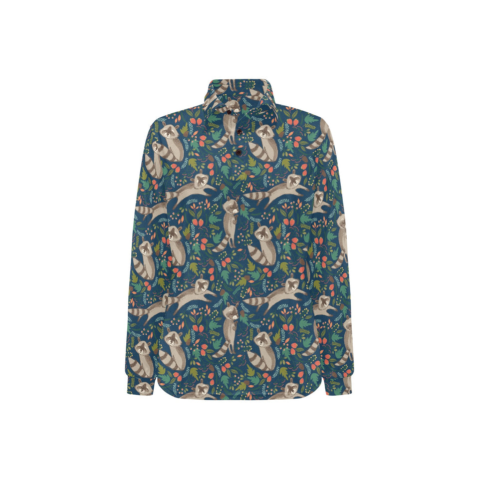 Raccoon tropical leaves pattern Women's Long Sleeve Polo Shirt