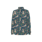 Raccoon tropical leaves pattern Women's Long Sleeve Polo Shirt