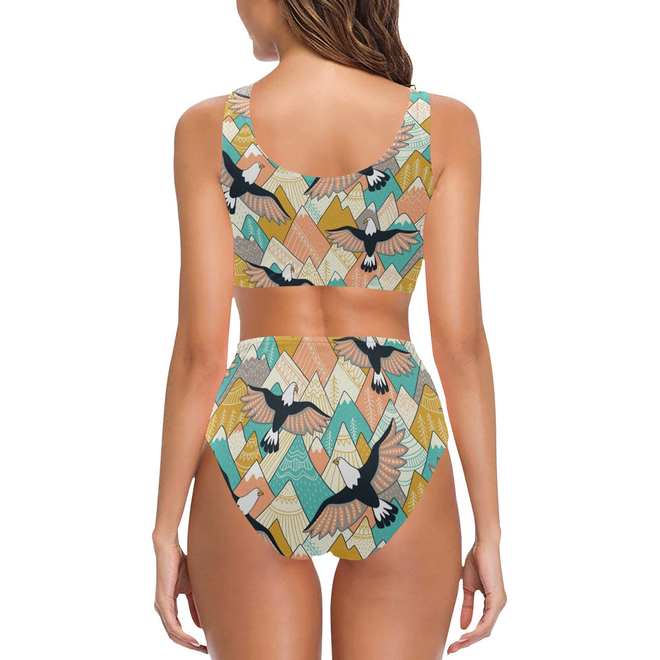 Eagle Pattern Print Design 02 Chest Bowknot High Waisted Bikini Swimsuit