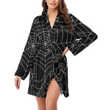 Spider web pattern Black background white cobweb Women's Long Sleeve Belted Night Robe