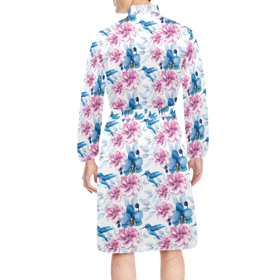 Hummingbird Pattern Print Design 02 Men's Long Sleeve Belted Night Robe