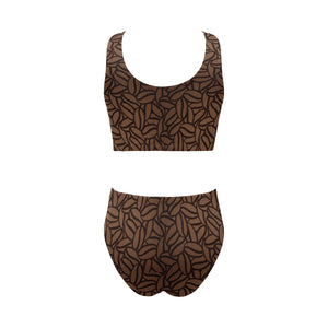 coffee bean pattern Chest Bowknot High Waisted Bikini Swimsuit