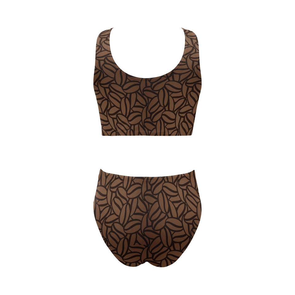 coffee bean pattern Chest Bowknot High Waisted Bikini Swimsuit