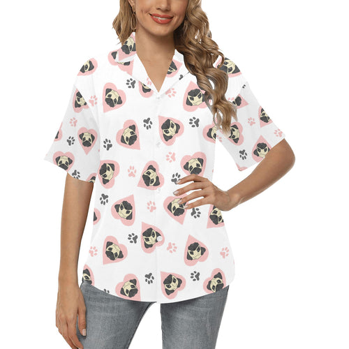 Cute pugs pink heart paw pattern Women's All Over Print Hawaiian Shirt