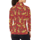 Saxophone cornet pattern red background Women's Long Sleeve Polo Shirt