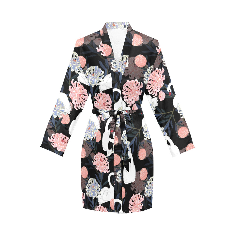 white swan blooming flower pattern Women's Long Sleeve Belted Night Robe