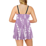 Lavender flowers purple pattern Chest Sexy Pleated Two Piece Swim Dress