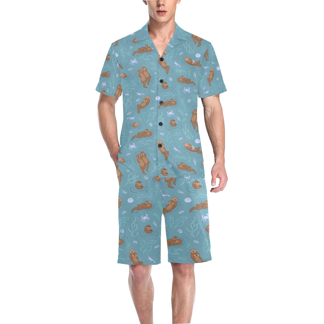 Sea otters pattern Men's V-Neck Short Pajama Set