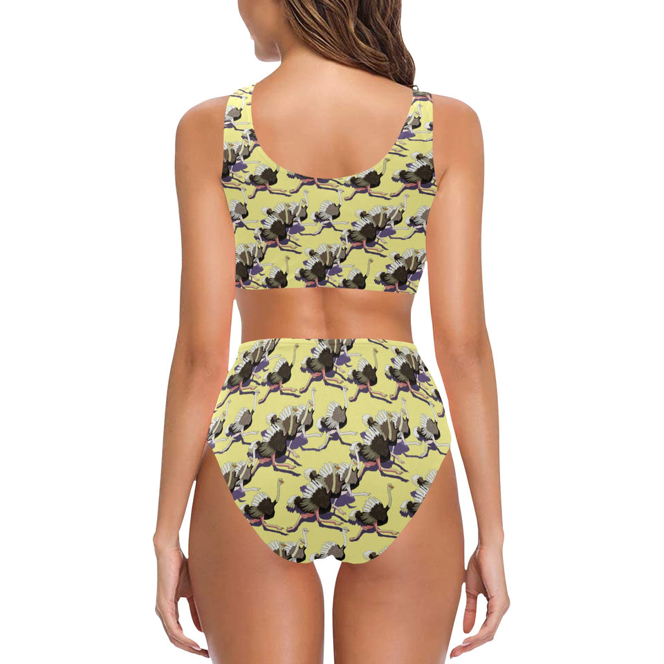Ostrich Pattern Print Design 04 Chest Bowknot High Waisted Bikini Swimsuit