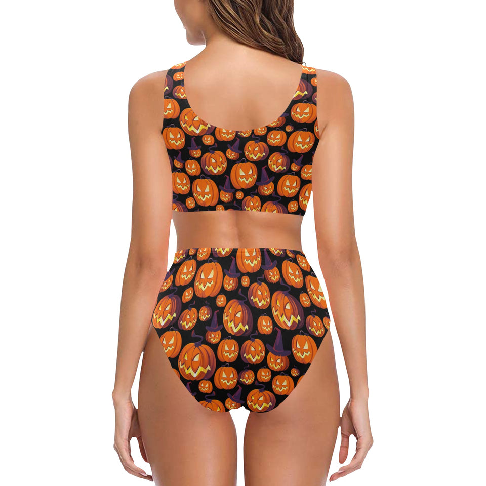 Halloween Pumpkin pattern Chest Bowknot High Waisted Bikini Swimsuit