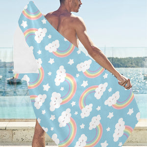 Cute rainbow clound star pattern blue background Beach Towel
