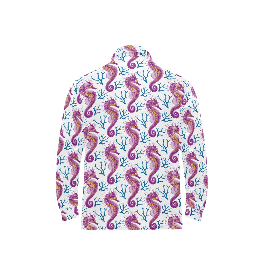 Purple seahorse blue coral pattern Men's Long Sleeve Polo Shirt